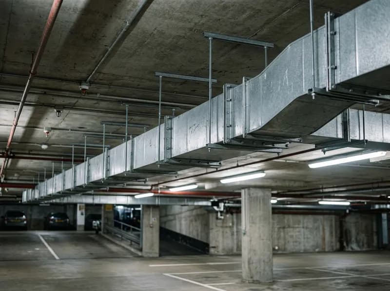 Conduta retangular galvanizada com flanges num teto cinzento