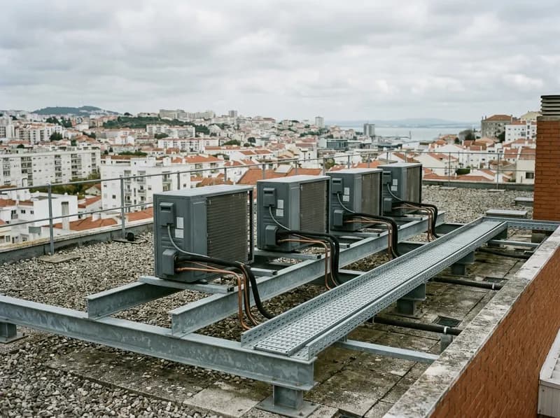 Conjunto de unidades exteriores numa estrutura metálica em cobertura plana